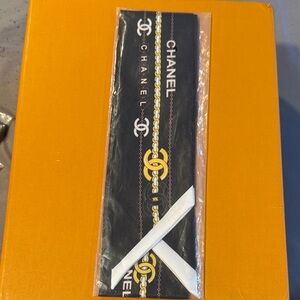 CHANEL Black & Gold Printed Twilly Scarf